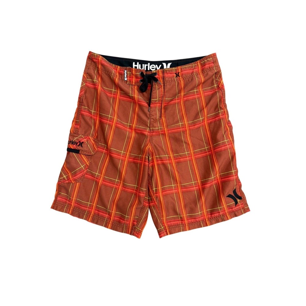 Hurley Mens Plaid Board Shorts Orange‎ Red Swim Trunks Cargo Pocket Size 34